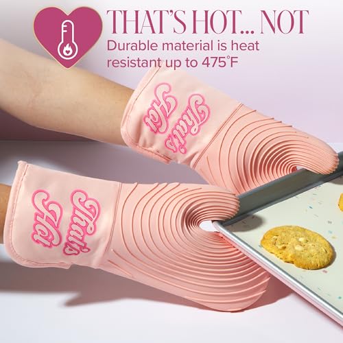 Paris Hilton Oven Mitt Set with Iconic That's HOT Design, Heat Resistant Pot Holders Featuring Non-Slip Textured Silicone Grips, 2-Piece Set, Pink - style: That's Hot