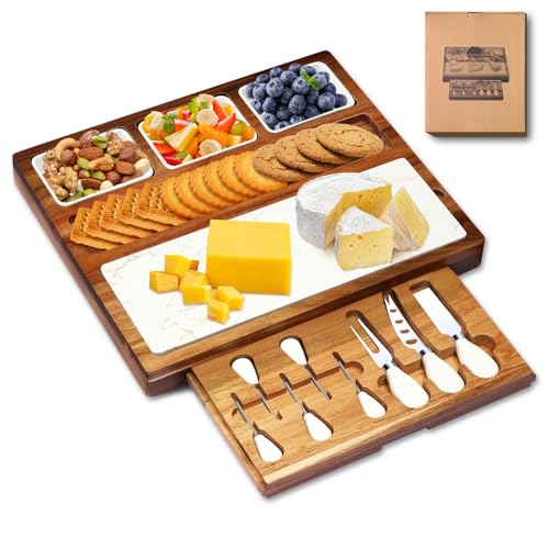Charcuterie Board Set Premium Large Acacia Wood Cheese Platter with Reusable Bowls, Cheese Knives and Forks - Housewarming, Wedding, Bridal Shower, Birthday Gifts - size: Large 16" Cheese Board