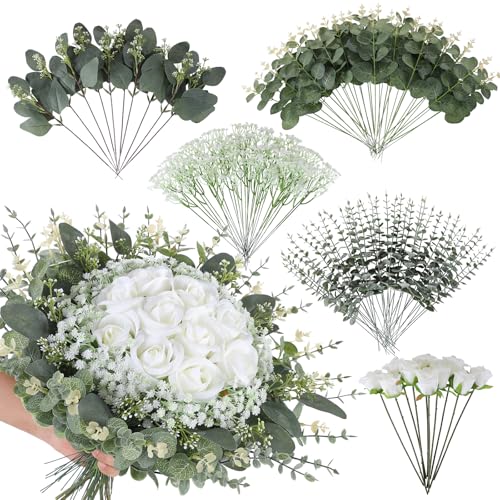 LUWENER 120 Pcs 5 Kinds Mixed Artificial Eucalyptus Leaves Stems,Bulk Fake Silver Dollar Leaves Faux Greenery Branches for Wedding DIY Bouquets, Floral Arrangement & Home Decor | White Silk Roses and Baby Breath Bulk, Fake Silver Dollar Leaves for Wedding