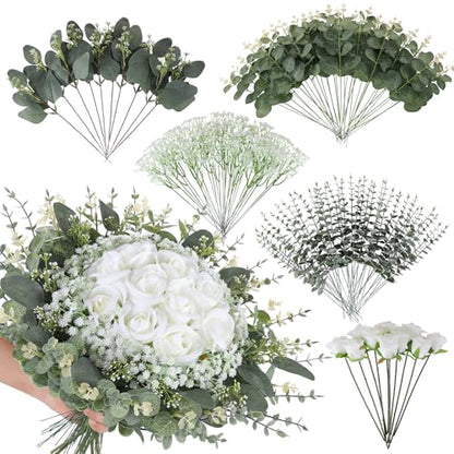 LUWENER 120 Pcs 5 Kinds Mixed Artificial Eucalyptus Leaves Stems,Bulk Fake Silver Dollar Leaves Faux Greenery Branches for Wedding DIY Bouquets, Floral Arrangement & Home Decor | White Silk Roses and Baby Breath Bulk, Fake Silver Dollar Leaves for Wedding