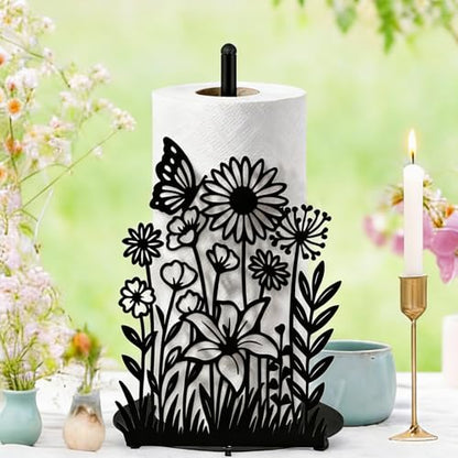 Wildflower Kitchen Countertop Paper Towel Holder Decorative Paper Towel Holder Black Metal Tissue Stand Kitchen Decor Accessories for Home Party Bathroom Countertop Dining Table - style: Wildflower