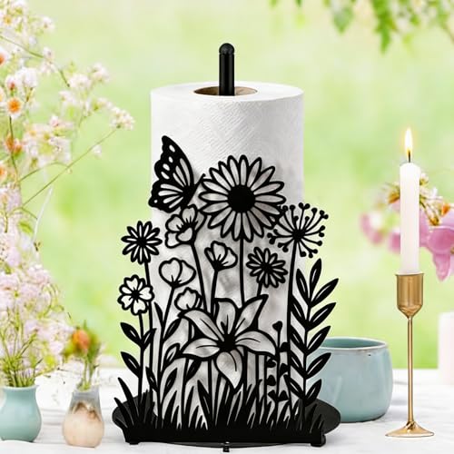 Wildflower Kitchen Countertop Paper Towel Holder Decorative Paper Towel Holder Black Metal Tissue Stand Kitchen Decor Accessories for Home Party Bathroom Countertop Dining Table - style: Wildflower