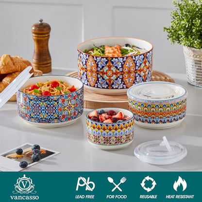 vancasso SIMI Serving Bowls with Lids, Ceramic Mixing Bowls Set of 4, Boho | Nesting Bowls for Food Storage, Prep, Stackable Bohemian Bowls, Dishwasher & Microwave Safe Gift Set, 60/36/20/10 OZ - size: 60/36/20/10 OZ (Set of 4)