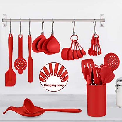 P&P CHEF Kitchen Utensils Silicone Cooking Utensil Set, 28Pcs Baking Utensils Spatulas with Holder, Heat-resistant & Non Toxic, Non-stick & Dishwasher Safe, Red - color: Red
