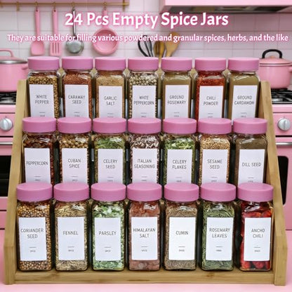 Pink Spice Jars with Labels - 24 Glass Spice with Shaker Lids & Airtight Plastic Caps - 4oz Complete Seasoning Containers Organizer Set for Cabinet, Drawer & Rack (Deeppink) - color: Deeppink