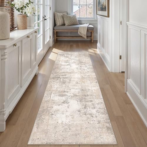 2'6x8 Beige Grey Abstract Runner Rug | Washable, Non Slip, Soft Low Pile, Modern Neutral, for Hallway Kitchen Laundry Bathroom Bedroom Home Decor - color: Beige/Grey, size: 2'6" x 8' (Runner)