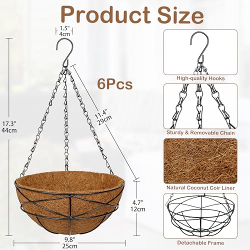 6 Pack 10 inch Metal Hanging Baskets for Plants Outdoor Metal Wire Hanging Basket Planter with Coco Fiber Liners Flower Pots for Home Porch Garden Patio, Diamond-Shaped - size: 10" x 6 Pack, style: Diamond