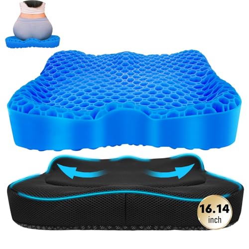 Gel Seat Cushion, Thickened Big Breathable Honeycomb Design Absorbs Pressure Points Gel Cushion with Anti-Slip Cover Seat Cushion for Office Chair Home Car Seat Cushion for Wheelchair - color: Blue, size: X-Large(16.1"*14.2"*2.95")