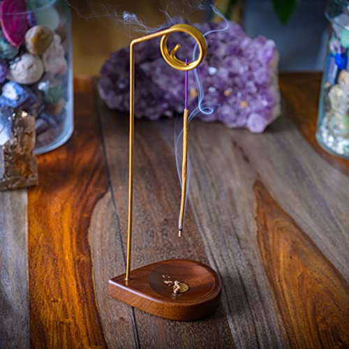 Incense Holder for Sticks - 11.4" Tall Reverse Style Incense Burner Holder with Mess Free Ash Catcher Tray - Modern & Minimalist Design Incense Sticks Holder with Brass & Walnut Wood Elements