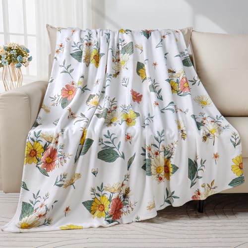 Flower Floral Throw Blanket Bee Wildflower Flannel Fleece Throw Blanket Botanical Plant Bouquet Cozy Fuzzy Plush Blankets for Bed Chair Couch 60" X 80" - color: Bee Flowers, size: 60" X 80"