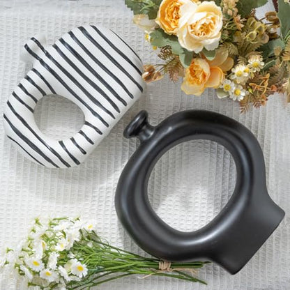 Relexome Donut Vases Set of 2,Black & White Striped Hollow Ceramic Flower Vases,Modern Nordic Minimalist Round Decorative Vase for Pampas Grass,Dried Flowers,Living Room,Table Centerpiece & Home Decor