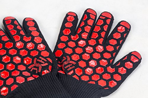 J H Heat Resistant Oven Glove:EN407 Certified 932 °F, 2 Layers Silicone Coating, Oven Mitts for Cooking, Kitchen, Fireplace,Camping, Grilling (Black/Red, Regular Cuff) - color: Black/Red, size: Regular Cuff