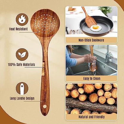 Wooden Kitchen Utensil Set, 5 PCS Natural Teak Wooden Spoons for Cooking | Wooden Spoons for Cooking with Comfort Grip, Smooth Durable Heat Resistant Cooking Spoons and Cooking Utensils for Cooking - size: 5 PCS Set