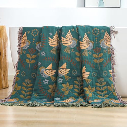 Boho Throw Blanket for Bed Couch 100% Cotton Woven Bed Throws for All Season Lightweight and Soft Cozy Farmhouse Reversible Muslin Decorative Blanket for Travel Picnic, Teal/Cream, 60''x80'' | 4-Layer Breathable Muslin Blanket,100% Organic Cotton Soft Lig