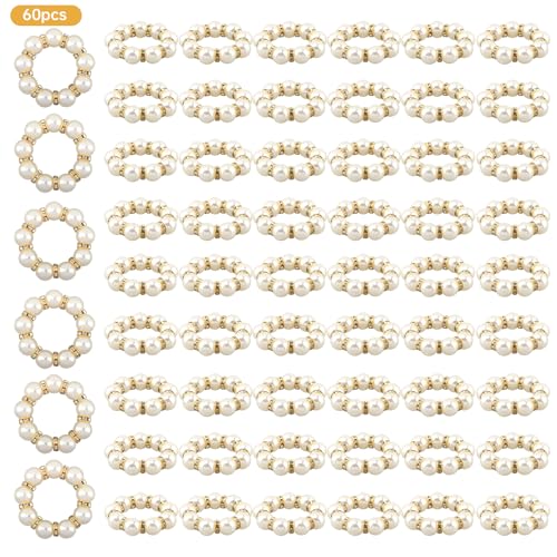 60 Pcs Pearl Napkin Rings Set - Elegant Faux Rhinestone Beaded Napkin Holders, Serviette Buckles for Cloth Napkins, Weddings, Banquets, Holiday Dinner Parties & Table Decor