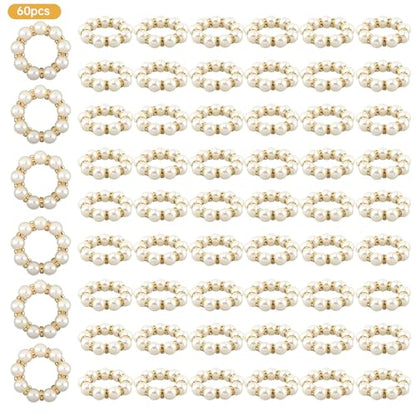 60 Pcs Pearl Napkin Rings Set - Elegant Faux Rhinestone Beaded Napkin Holders, Serviette Buckles for Cloth Napkins, Weddings, Banquets, Holiday Dinner Parties & Table Decor