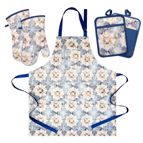 Oven Mitts and Pot Holders with Cooking Apron Set of 5, Heat Resistant Kitchen Gloves and Silicone Non-Slip Potholders, Adjustable Neck Buckle Chef Apron, Cotton Nice Design for Cooking (Blue Retro) - color: Blue Retro