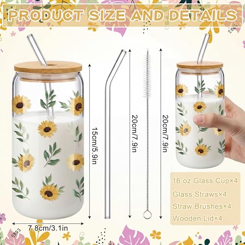 Cute Glass Cup Set of 4, 16 oz Iced Coffee Cups with Bamboo Lids Straws and Brush, Cherry Lemon Cactus Sunflower Floral Design, Gift for Women Girls Friend Bridesmaid Birthday Wedding