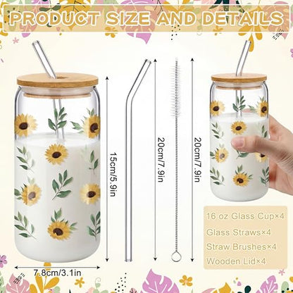 Cute Glass Cup Set of 4, 16 oz Iced Coffee Cups with Bamboo Lids Straws and Brush, Cherry Lemon Cactus Sunflower Floral Design, Gift for Women Girls Friend Bridesmaid Birthday Wedding