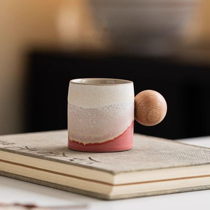 2.4oz Ceramic Espresso Cups Set of 4, Small Coffee Cups with Wooden Handle, Gradient Color Demitasse Cups, Ceramic Tea Cups Gift Box Packaging (Round Handle) - color: Round Handle