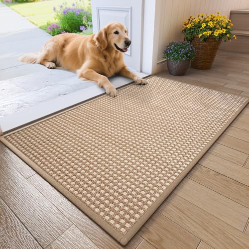 Door Mat Indoor Entrance Front Entry Mats,31''x47'',Brown | Interwoven Design Absorbent Dirt Resist Non Slip Indoor Low-Profile Welcome Mats Doormat for Kitchen,Hallway,Laundry Room - color: B Grid Brown, size: 31'' x 47''