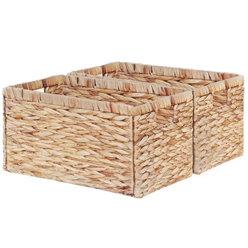 Wicker Storage Basket, Set of 2 Hand-Woven Water Hyacinth Storage Baskets for Organizing, 17 inch Large Wicker Basket for Shelves, Foldable Cube Organizer Bins for Bathroom - color: Water Hyacinth, size: 17.2"D x 12"W x 10.3"H