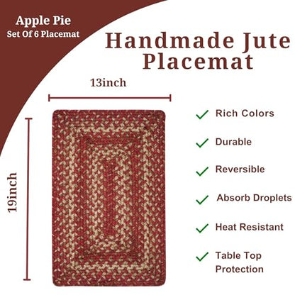 Homespice Apple Pie Jute Braided Placemats, Rect 13x19 Set of 6 | Red Woven Placemats for Farmhouse Table and Protects Tabletop in Style, Rich Colors, Reversible, Durable and Easy to Clean - color: Apple Pie