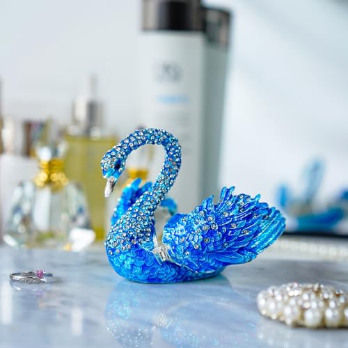 YU FENG 3.5 Inch Blue Swan Trinket Box, Hinged Jewelry Box Figurine Decor | Elegant Swan Design, Enamel Finish With Crystal Accents, Jewelry Storage Organizer, Decorative Collectible, Gift For Women