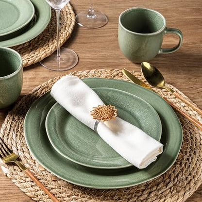 AmorArc Ceramic Dinnerware Sets for 4, Handmade Plates and Bowls Sets | Stoneware Reactive Glaze Dish Set, Scratch Resistant, Dishware Set for Kitchen Wedding, Dishwasher & Microwave Safe, 12 Pcs - color: Jade Green