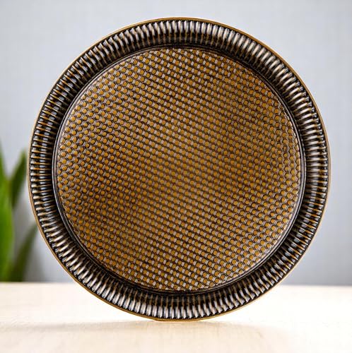 Alisveristime Round Hammered Metal Serving Tray – Ottoman Style, (11.8" Diameter, 12.6 oz) 5 Color Options (Antique Green) - color: Antique Green