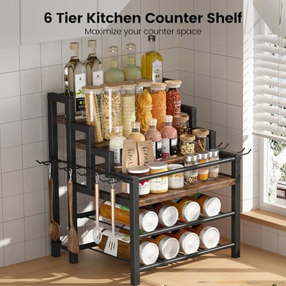 6-Tier Liquor Bottle Display Shelf, Holds up to 24 Bottles, Countertop Wine Racks with 8 Wine Glass Holders, Mini Wine Bar Cabinet for Home, All in One Coffee Syrup Whiskey Organizer