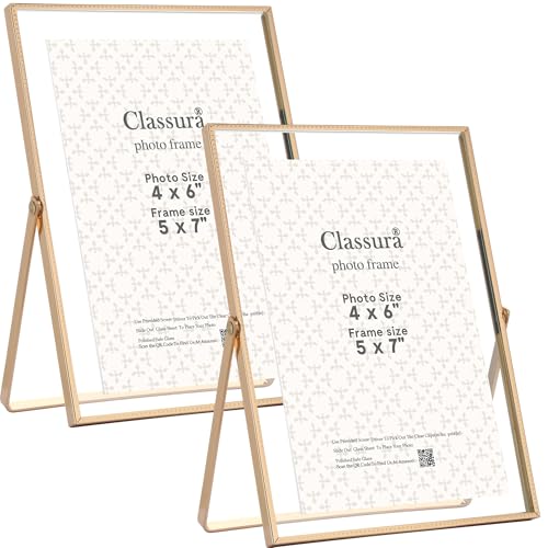 Gold 5x7'' Floating Picture Frame Set of 2,For Photo Sizes (3.5x5'',4x6''),Beautiful Metal Beaded Edge Frames Adjustable Tabletop/Shelf Photo Frame,Classy Gift Choice for Wedding,Christmas - color: Gold, size: 5x7'' (2PK)