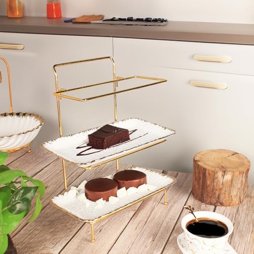 3-Tier Serving Rack with Ceramic Serving Tray, Foldable Gold Stand with 3 Pieces 12 Inch Gold Rim Large Plates for Food Display, Fruit, Dessert Server Display and Entertaining - color: 3-tier 12 Inch Serving Rack