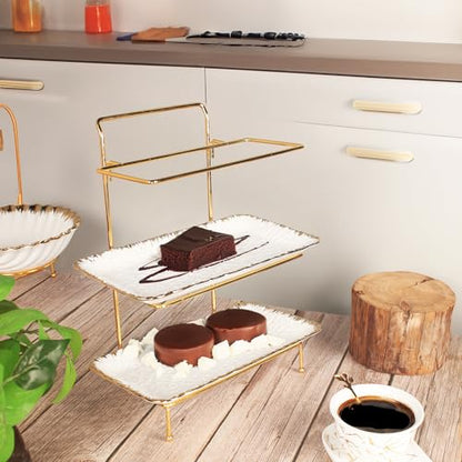 3-Tier Serving Rack with Ceramic Serving Tray, Foldable Gold Stand with 3 Pieces 12 Inch Gold Rim Large Plates for Food Display, Fruit, Dessert Server Display and Entertaining - color: 3-tier 12 Inch Serving Rack