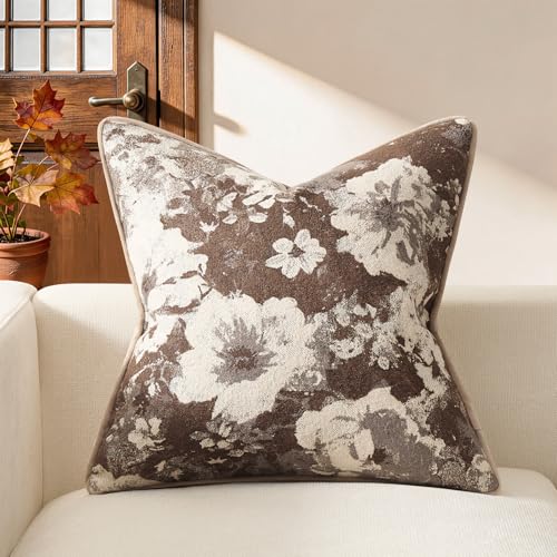 Kevin Textile Neutral Vintage Floral 18x18 Inch Pillow Cover 1 Pack, Coffee | Soft Neutral Retro Flowers Embroidered Texture Lumbar Pillow Cover Accent Decorative Pillowcase for Couch Sofa Chair Bed - color: Floral Coffee, size: 18" x 18" (Pack of 1)