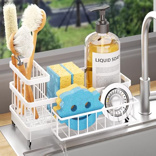 Consumest Sponge Holder for Kitchen Sink - Auto Draining Sink Caddy Organizer with Detachable Rack, High Brush Holder, Kitchen Countertop Storage Accessories, White - color: White, size: Large