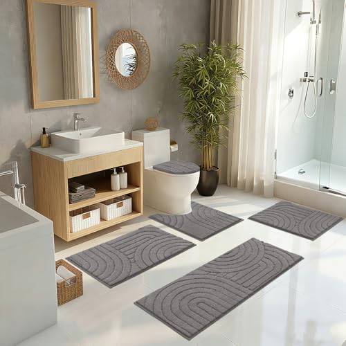Pauwer Bathroom Rugs Sets 5 Piece, Absorbent Non Slip Bath Mat Set, Grey | Machine Washable, Microfiber Plush, Quick Dry Runner, U Shaped Contour Toilet Rugs, Shower Mats and Toilet Lid Cover - color: Grey