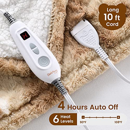 Bearhug Electric Blanket Throw Size, 50" x 60" Heated Blanket with 6 Heating Levels & 4H Auto Shut-Off, Machine Washable Soft Velvet to Sherpa Reversible Heated Throw for Office, Couch and Sofa - color: Champagne-faux Fur & Sherpa, size: Throw 50" × 60"