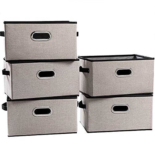 Large Fodable Storage Bins for Closet [5-pack] Decorative Linen Fabric Storage Bins Cubes with Leather/Metal Handles for Shelves Bedroom Living Room Light Grey (14.9x9.8x8.3 Inch) - color: Light Grey, size: Large(5-Pack)