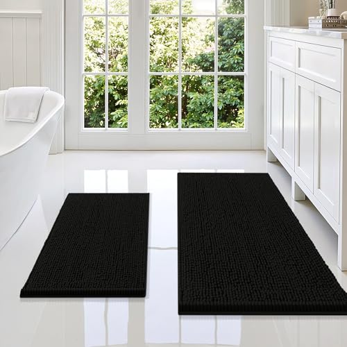 Smiry Chenille Bathroom Rugs Sets 2 Piece (36x24+24x16, Black) | Soft Absorbent Machine Washable Non Slip Shaggy Bath Rug Set for Tub, Shower, and Floor, Home Decor - color: Black, size: 36"X24"+24"X16"