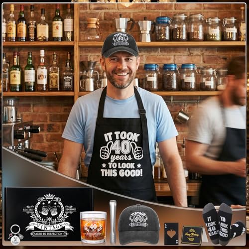 40th Birthday Gifts for Men 40th Birthday Party Supplies | Include 11 Oz Glass Stone Ice Tong Bottle Opener Cap Apron Socks Keychain Greeting Card for Him, Dad, Husband, Friends - style: 40th