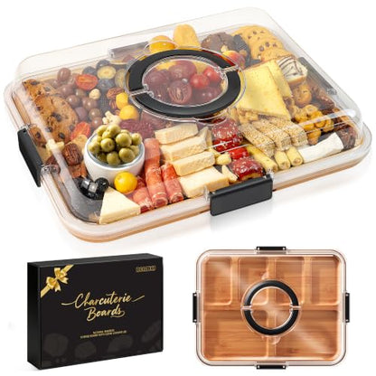 Portable Charcuterie Boards with Lid, Cheese, Veggie & Snack Tray | Clear Lid Keeps Food Fresh, Travel Portable Board for Kitchen, Picnic and Party, House Warming Gifts New Home - color: 6 Compartments Black