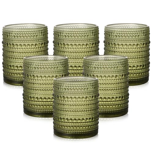 ZMOWIPDL Drinking Glasses Set of 6,12oz Green Hobnail Glass Cups | Vintage Glassware，Embossed Water Tumbler,for Beer,Cocktail,Whiskey,Juice and Various Mixed Drinks- 1 Cleaning Brush - color: Green