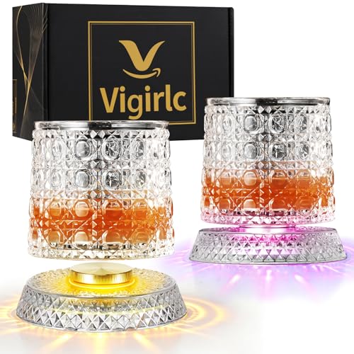 Luxury 360° Spinning Crystal Whiskey Glass Set Of 2, Rotating Old Fashioned Rocks Glasses & & 4 Color Lighting, Scotch & Bourbon, Cocktail Glasses for Bar, Party, Home, and Gift (Gemstone) - color: Gemstone