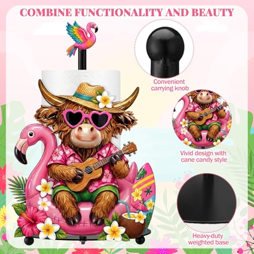Hawaiian Flamingo Paper Towel Holder, Summer Flamingo Highland Cow Kitchen Decor Tropical Metal Towel Holder Stand with Round Base, Bathroom Countertop Decor for Luau Party Home - style: Flamingo