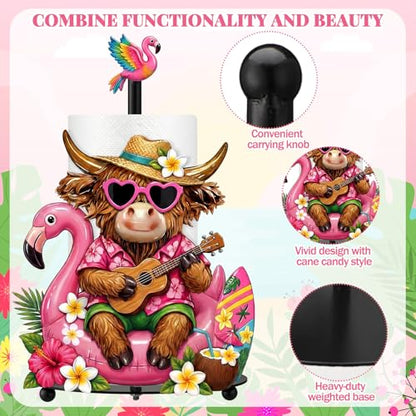 Hawaiian Flamingo Paper Towel Holder, Summer Flamingo Highland Cow Kitchen Decor Tropical Metal Towel Holder Stand with Round Base, Bathroom Countertop Decor for Luau Party Home - style: Flamingo
