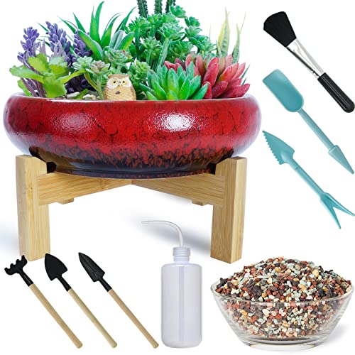 Large Succulent Pots with Drainage & Stand, 10 inch Ceramic Succulent Planter for indoor Plants plus Decorative Rock Stone Pebbles 2.2lb & Garden Tools Set, Perfect for Bonsai, Cactus Beginner - color: Red With Mix Lava Rock Pebbles