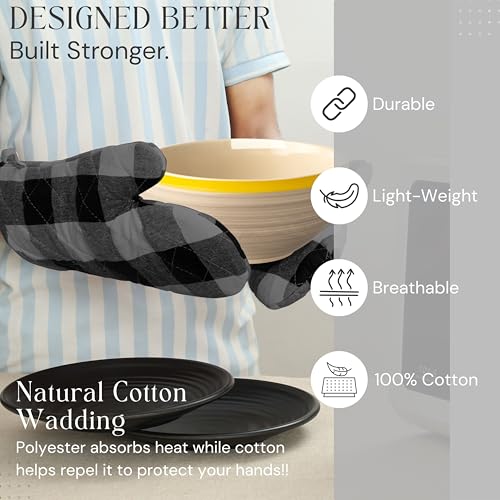 Buffalo Plaid Check Oven Mitts and Pot Holders Set, 100% Cotton, Heat Resistant, 2 Oven Gloves (7x13 Inches) & 2 Hot Pads (8x8 Inches) for Cooking and Baking, Light Grey & Black White - color: Light Grey & Black, Buffalo Plaid