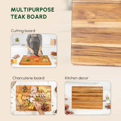 Large Teak Wood Cutting Board with Hand Grip (22x16x1.25", L) | Large wooden cutting boards for kitchen, wood chopping board, butcher block, charcuterie board for serving. Gift box included - size: 20"L x 15"W