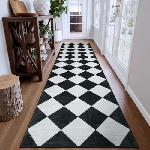 Beeiva Checkered Print Washable Rug Runners for Hallways Non Slip 2.5x10, Ultra Thin Black Kitchen Runner Stain Resistant Hallway Runner Rug 10 ft, Checkerboard Carpet for Bathroom Entryway Decor - color: Black/Grey, size: 2.5' x 10' (Rectangular)